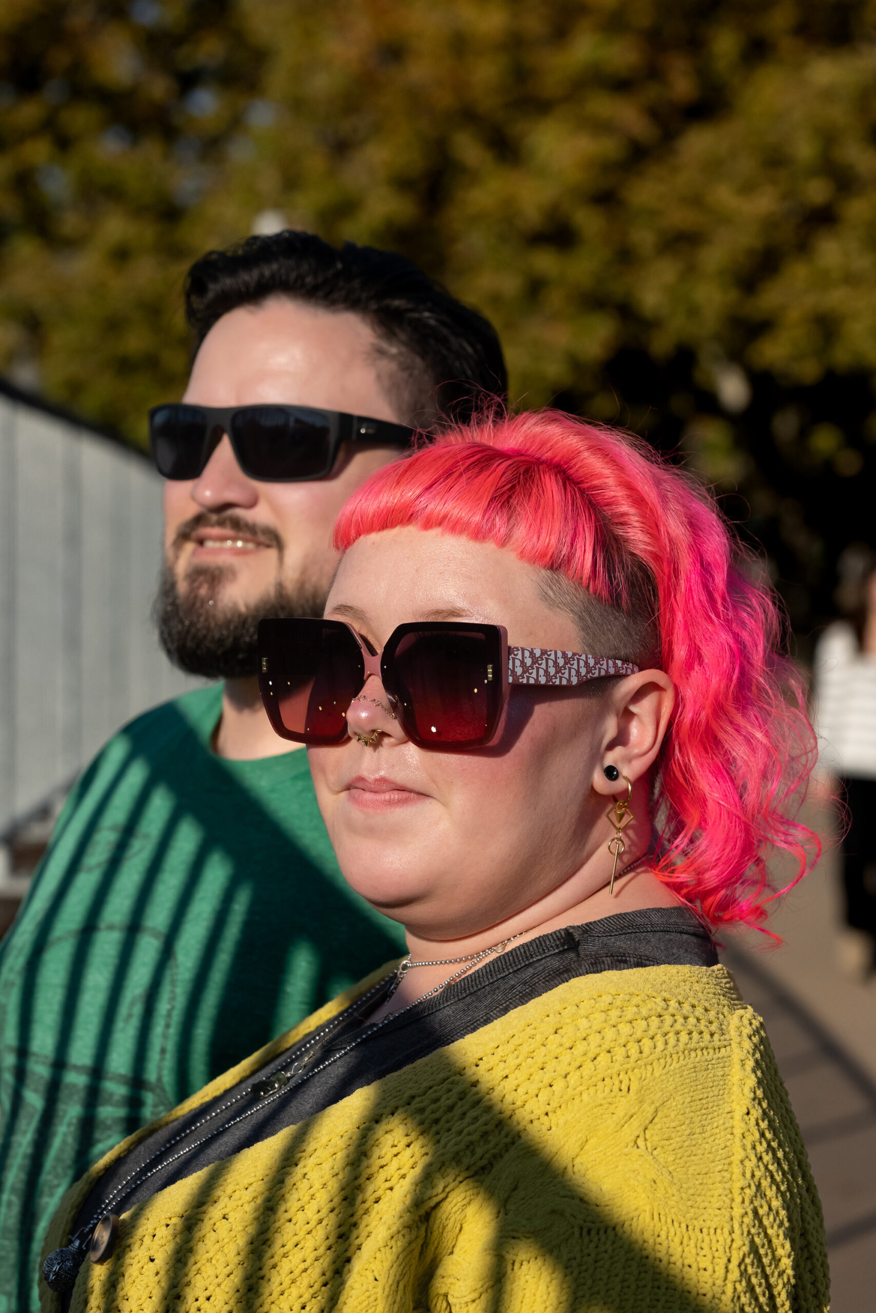 Two people standing together next to a barred railing fence. In the back is someone with short dark hair and a short beard wearing sunglasses and looking off to the left. In front of them is someone with shoulder-length bright pink hair, also wearing sunglasses and looking off to the left.