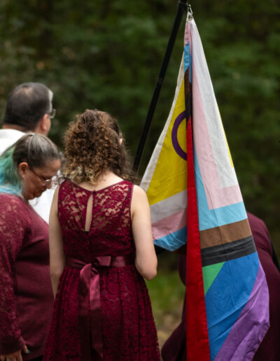 A picture of the back of a young girl in a dark red lace dress, carrying a progress pride flag.