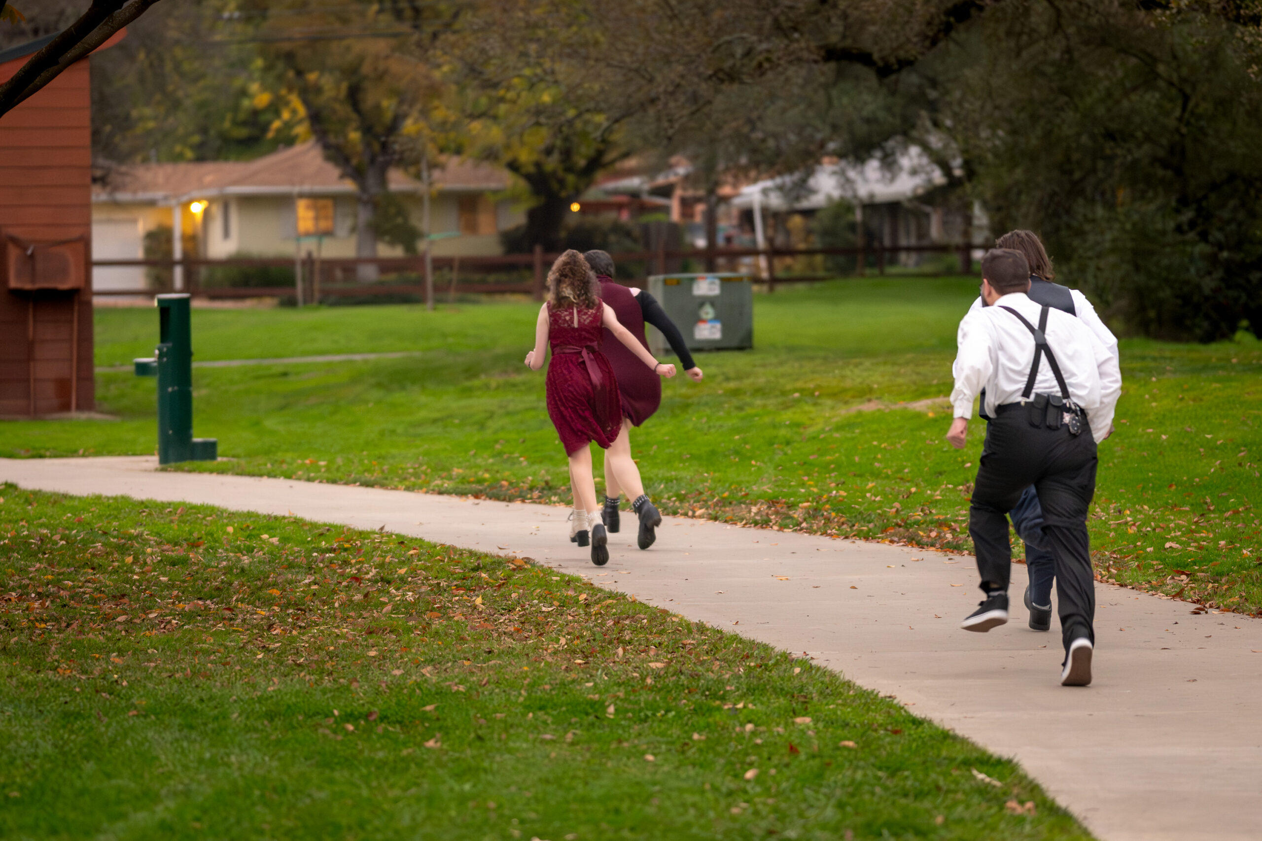 A picture from a park with a path curving from the bottom right to the middle left of the image. There are four kids running down the path away from the camera.